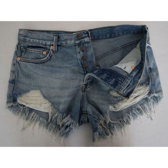 We The Free OB1249055 Women Sz 26 Blue Denim Button Fly Distressed Frayed Shorts - Picture 5 of 7